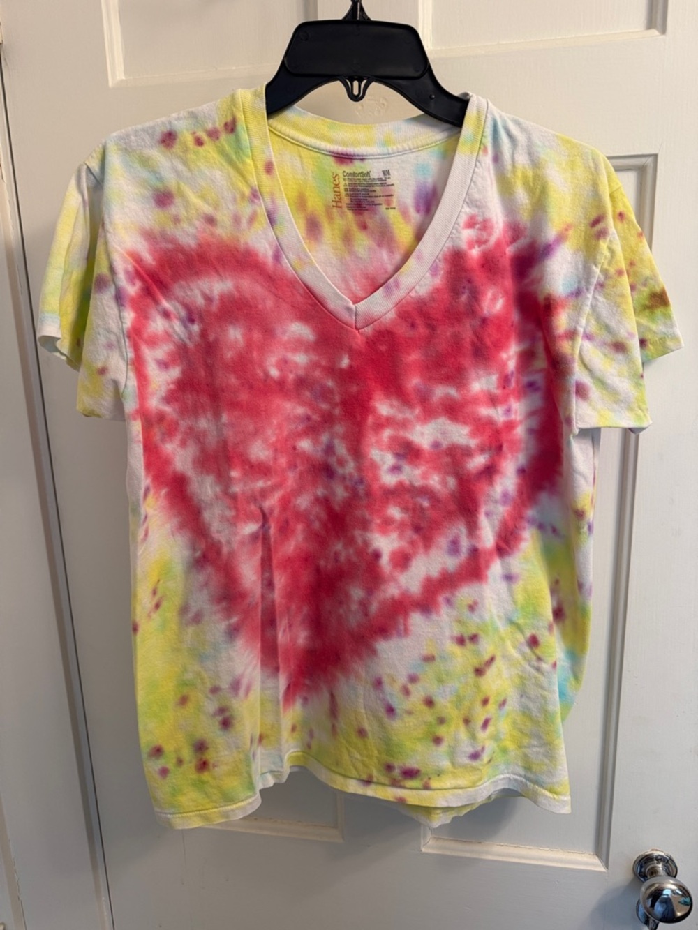 V-Neck Tie-Dye Heart Tee in Pink, Yellow & Purple